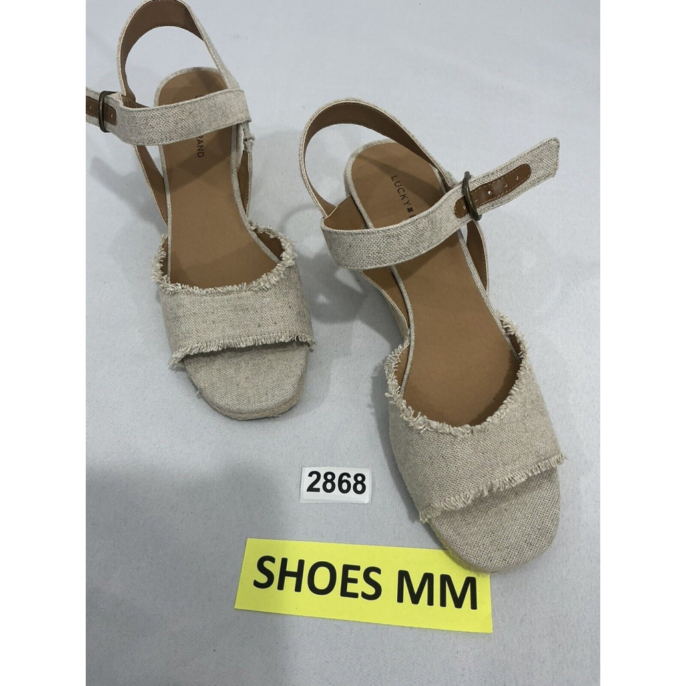 Womans Lucky Brand Mindra 10 M Ivory Canvas Open Toe Sling Back Wedge Sandals